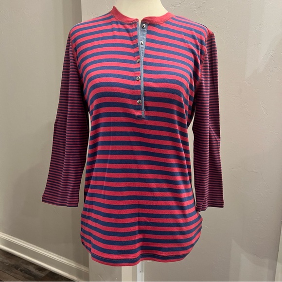 Chaps Striped Shirt Women's Henley Top 3/4 Button Red Navy Blue Small - Picture 1 of 4